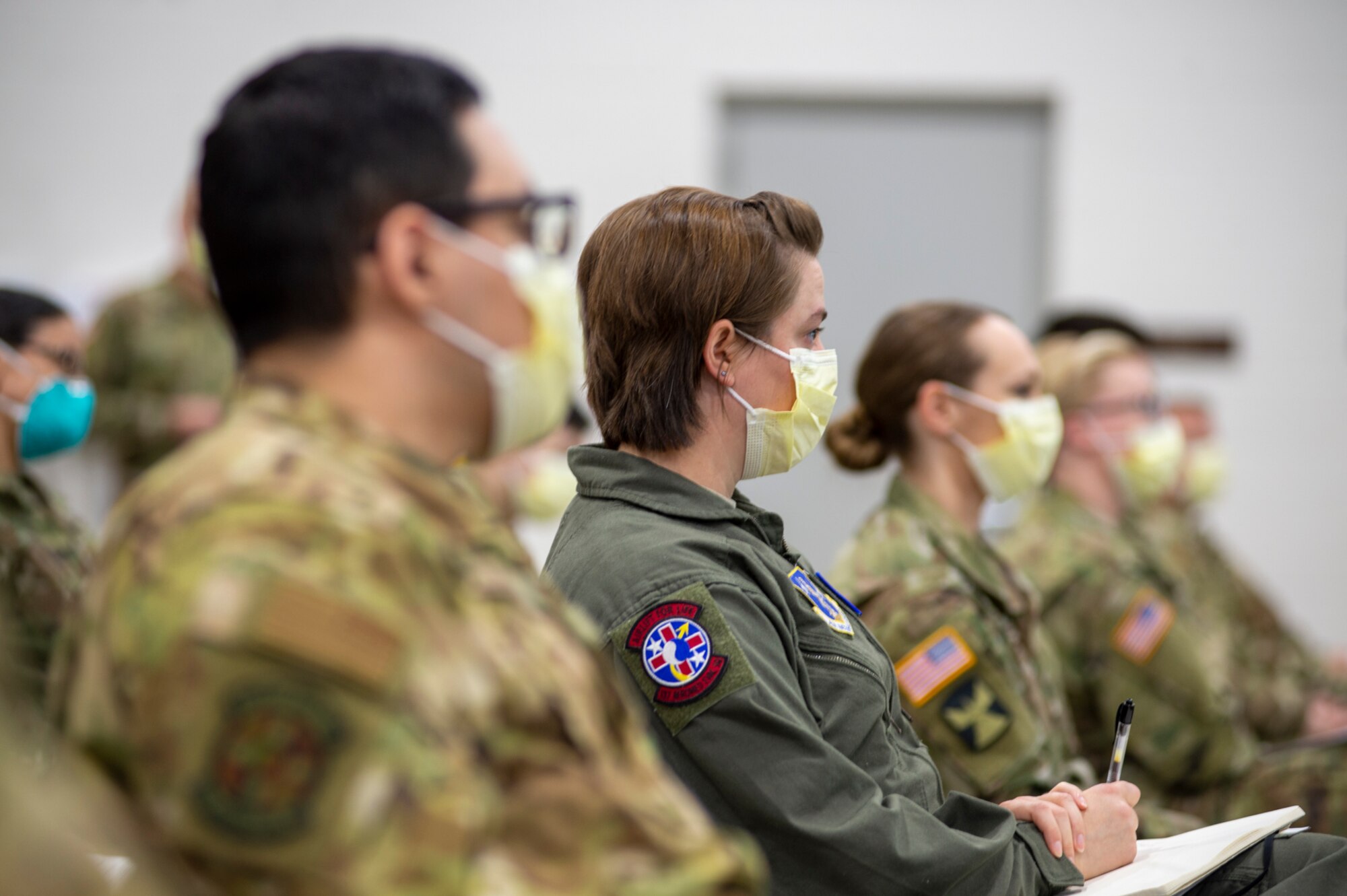 Oklahoma Air National Guard Senior Airman Jessica Brinegar, an aeromedical medical evacuation technician with the 137th Aeromedical Evacuation Squadron, 137th Special Operations Wing, Oklahoma Air National Guard, participates in COVID-19 medical response training at the 90th Troop Command Headquarters in Oklahoma City, April 10 - 11. The training, which included presentations by the University of Oklahoma Medical Center and the Oklahoma County Health Department, will prepare Oklahoma Army and Air National Guard medical personnel for potential missions with their civilian counterparts in response to the outbreak of COVID-19 across the state. (Oklahoma National Guard photo by Staff Sgt. Brian Schroeder)