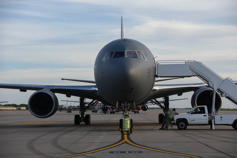 A KC-46A Pegasus sits on the flightline April 30, 2020, at McConnell Air Force Base, Kansas. In April, Boeing and the Air Force reached an agreement to bring a new Remote Vision System to the KC-46, the RVS 2.0. After testing the aircraft’s cameras during a three-week test cycle at the Air Force Research Laboratory, Team McConnell and the 344th Air Refueling Squadron played a vital role in the finalization of critical factors in the new camera system. (U.S. Air Force photo by Airman 1st Class Marc Garcia)