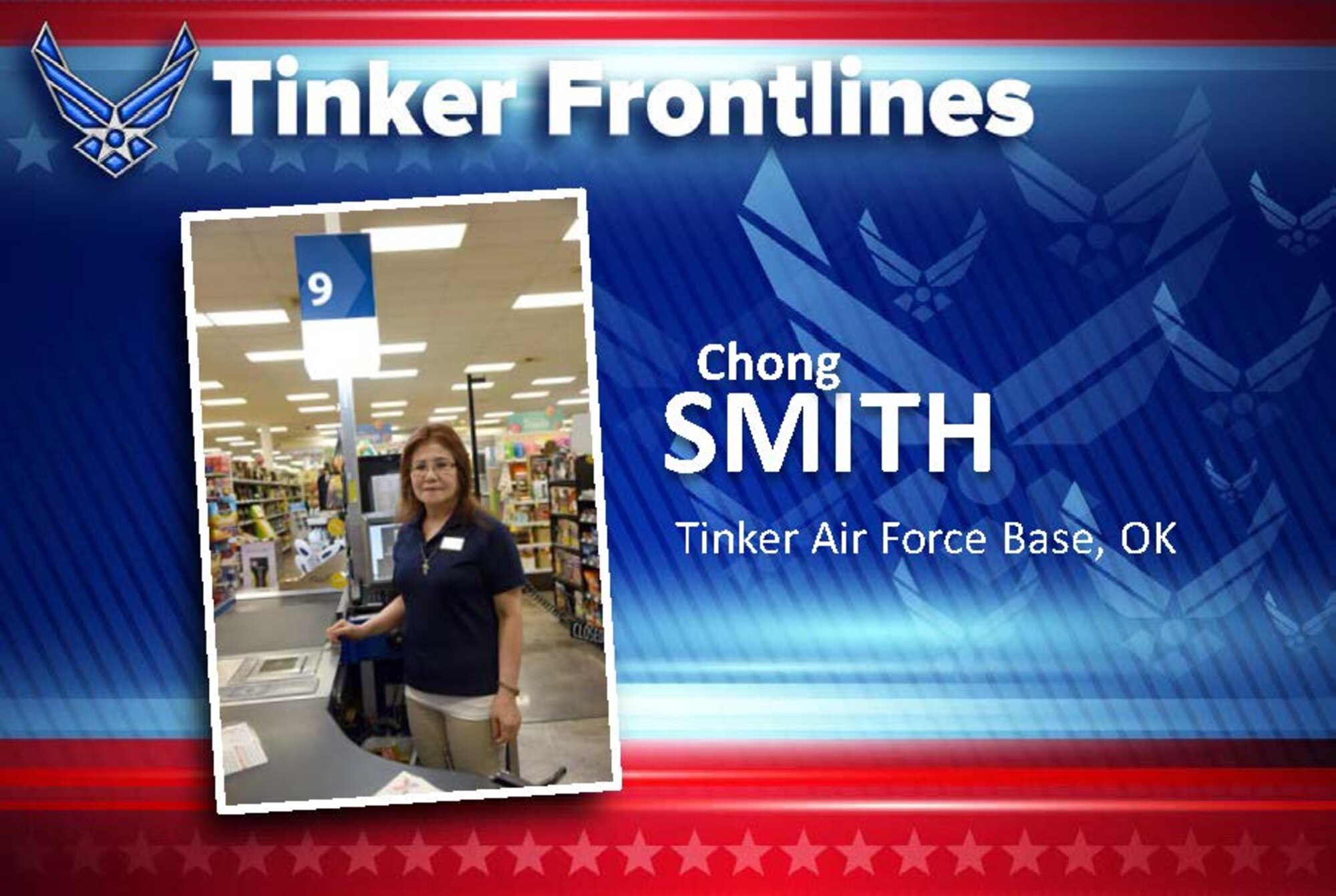 Chong Smith is a cashier at the Tinker Base Exchange and has worked here for 12 years.