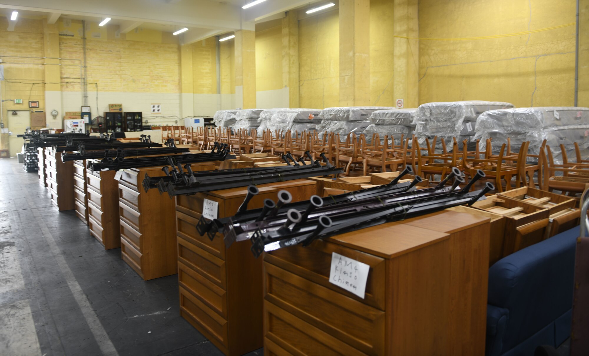 Home furniture in a warehouse.