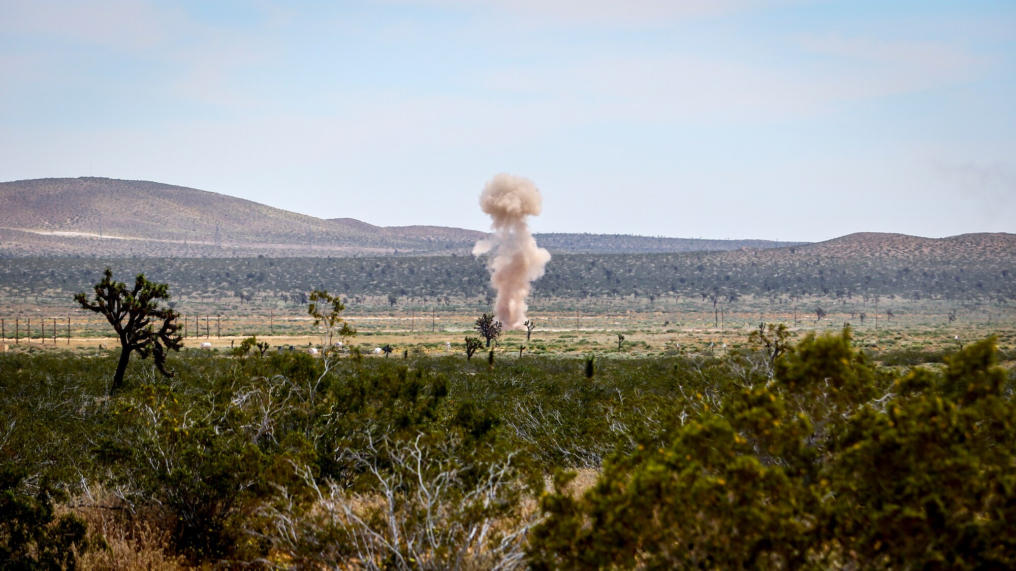 A mushroom cloud rises from the desert floor as members of the Explosive Ordnance Disposal unit, 812th Civil Engineer Squadron, 412th Test Wing, detonate unexploded ordnance and training munitions at the Precision Impact Range Area at Edwards Air Force Base, California, May 7. The 412th Test Wing uses the PIRA to conduct weapons and payload drops for flight tests. (Air Force photo by Giancarlo Casem)