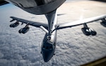A U.S. Air Force B-52 Stratofortress receives fuel from a KC-135 Stratotanker from the 100th Air Refueling Wing, RAF Mildenhall, England, during a strategic bomber mission, May 7, 2020. Strategic bomber missions familiarize aircrew with air bases and operations in different Geographic Combatant Commands areas of operations.