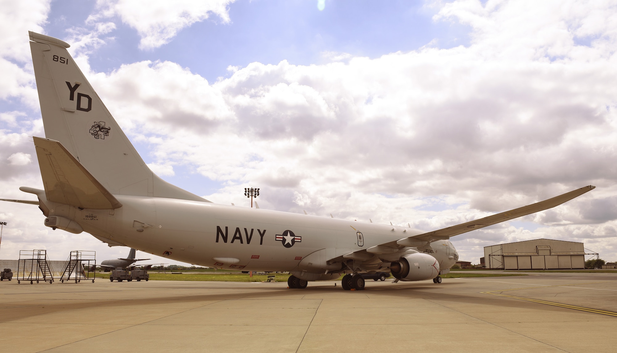 A U.S. Navy P-8A Poseidon maritime patrol and reconnaissance aircraft assigned to Patrol Squadron (VP-4) sits on the flight line at RAF Mildenhall May 2, 2020. The MPRA was at RAF Mildenhall to participate in operations and exercises with other U.S. assets and regional allies and partners. Patrol Squadron (VP-4) is forward-deployed to the U.S. 6th Fleet area of operations and is assigned to commander, Task Force 67, responsible for tactical control of deployed MPRA squadrons throughout Europe and Africa. (U. S. Air Force photo by Karen Abeyasekere)
