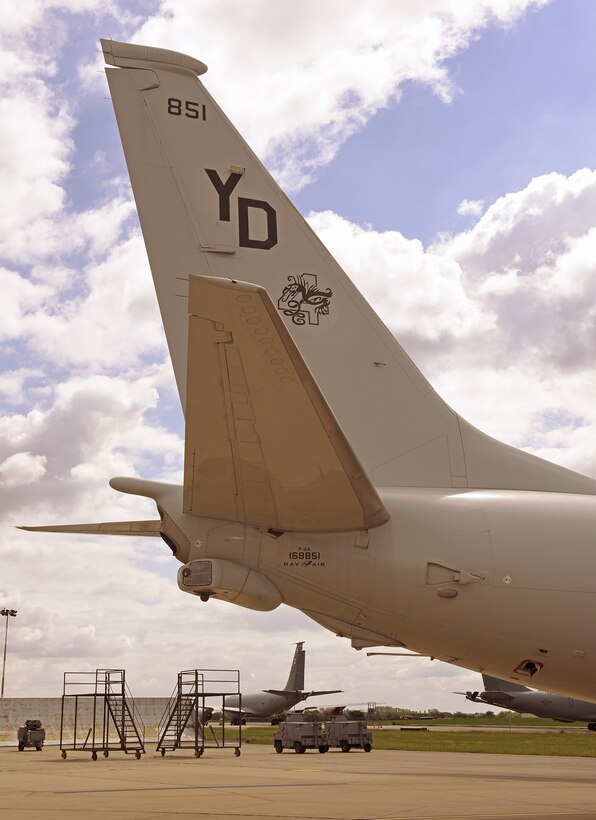 A U.S. Navy P-8A Poseidon maritime patrol and reconnaissance aircraft assigned to Patrol Squadron (VP-4) sits on the flight line at RAF Mildenhall May 2, 2020. The MPRA was at RAF Mildenhall to participate in operations and exercises with other U.S. assets and regional allies and partners. Patrol Squadron (VP-4) is forward-deployed to the U.S. 6th Fleet area of operations and is assigned to commander, Task Force 67, responsible for tactical control of deployed MPRA squadrons throughout Europe and Africa. (U. S. Air Force photo by Karen Abeyasekere)