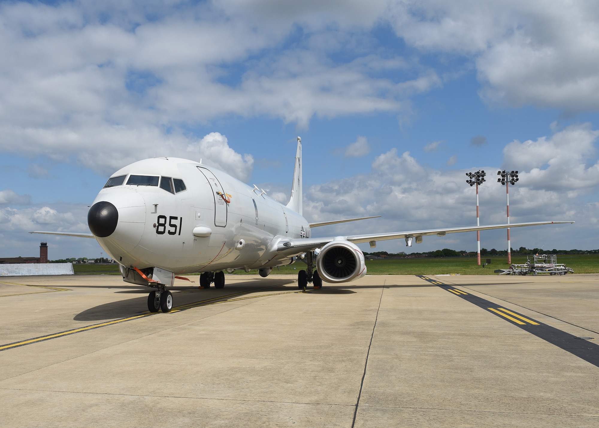 A U.S. Navy P-8A Poseidon maritime patrol and reconnaissance aircraft assigned to Patrol Squadron (VP-4) sits on the flight line at RAF Mildenhall May 2, 2020. The MPRA was at RAF Mildenhall to participate in operations and exercises with other U.S. assets and regional allies and partners. Patrol Squadron (VP-4) is forward-deployed to the U.S. 6th Fleet area of operations and is assigned to commander, Task Force 67, responsible for tactical control of deployed MPRA squadrons throughout Europe and Africa. (U. S. Air Force photo by Karen Abeyasekere)