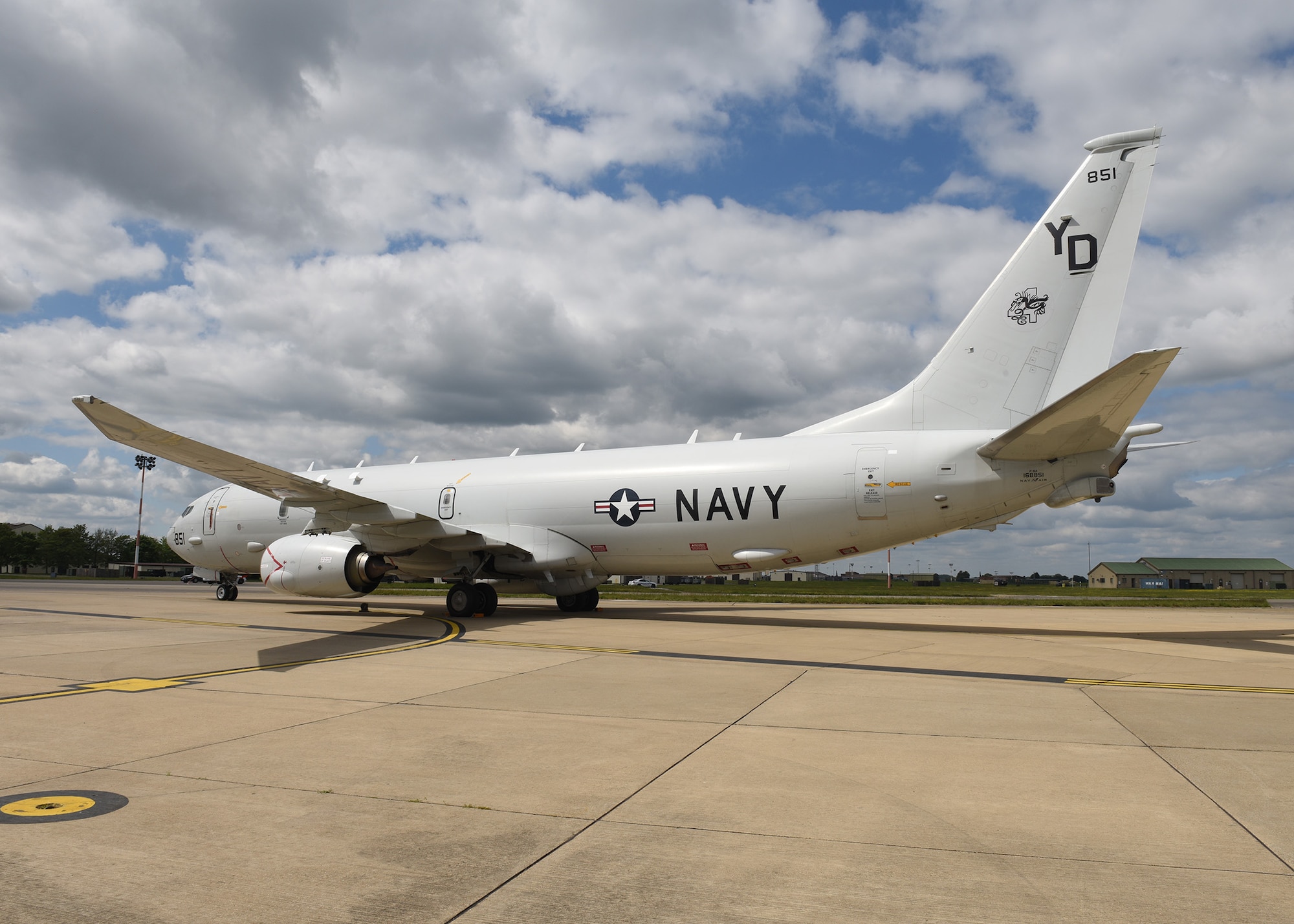 A U.S. Navy P-8A Poseidon maritime patrol and reconnaissance aircraft assigned to Patrol Squadron (VP-4) sits on the flight line at RAF Mildenhall May 2, 2020. The MPRA was at RAF Mildenhall to participate in operations and exercises with other U.S. assets and regional allies and partners. Patrol Squadron (VP-4) is forward-deployed to the U.S. 6th Fleet area of operations and is assigned to commander, Task Force 67, responsible for tactical control of deployed MPRA squadrons throughout Europe and Africa. (U. S. Air Force photo by Karen Abeyasekere)