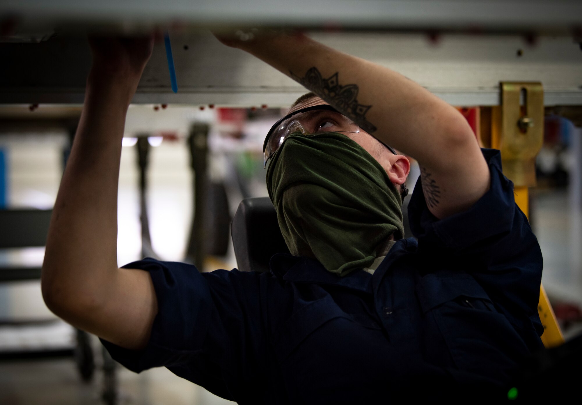 A propulsion flight Airman assigned to the 48th Component Maintenance Squadron works on an engine at Royal Air Force Lakenheath, England, April 29, 2020. The propulsion flight is one of many units that helped the 48th Maintenance Group earn the 2019 USAFE-AFAFRICA Clements McMullen Memorial Daedalian Weapon System Maintenance Trophy for a third consecutive year. (U.S. Air Force photo by Airman 1st Class Madeline Herzog)