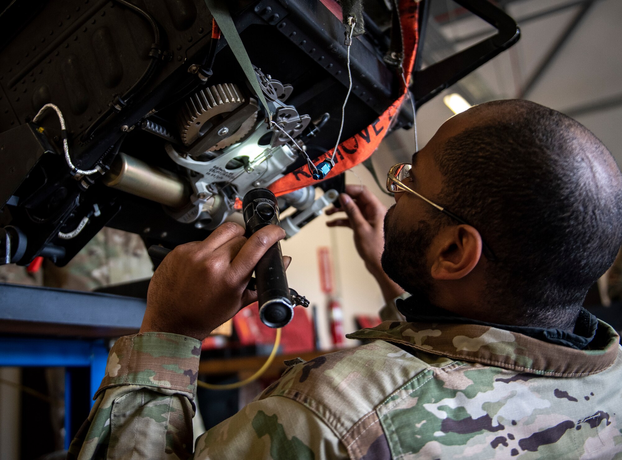 An accessories flight Airman assigned to the 48th Maintenance Group inspects a pilot seat at Royal Air Force Lakenheath, England, April 30, 2020. The flight is one of many units that helped the 48th MXG earn the 2019 USAFE-AFAFRICA Clements McMullen Memorial Daedalian Weapon System Maintenance Trophy for a third consecutive year. (U.S. Air Force photo by Airman 1st Class Madeline Herzog)