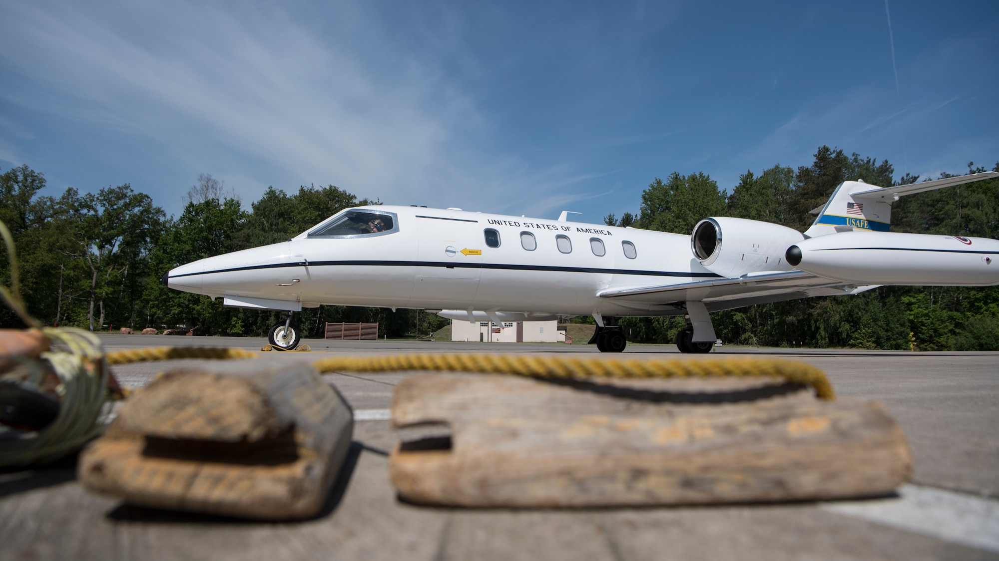 A C-21A Learjet sits on the flightline at Ramstein Air Base, Germany, May 8, 2020.