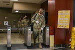 Members of a 100th Missile Defense Brigade crew exit the secure area at Schriever Air Force Base following their shift April 30, 2020. Since the onset of the pandemic, the 100th Brigade has implemented measures to ensure the continued execution of its mission including sequestering crew members away from their homes and families.