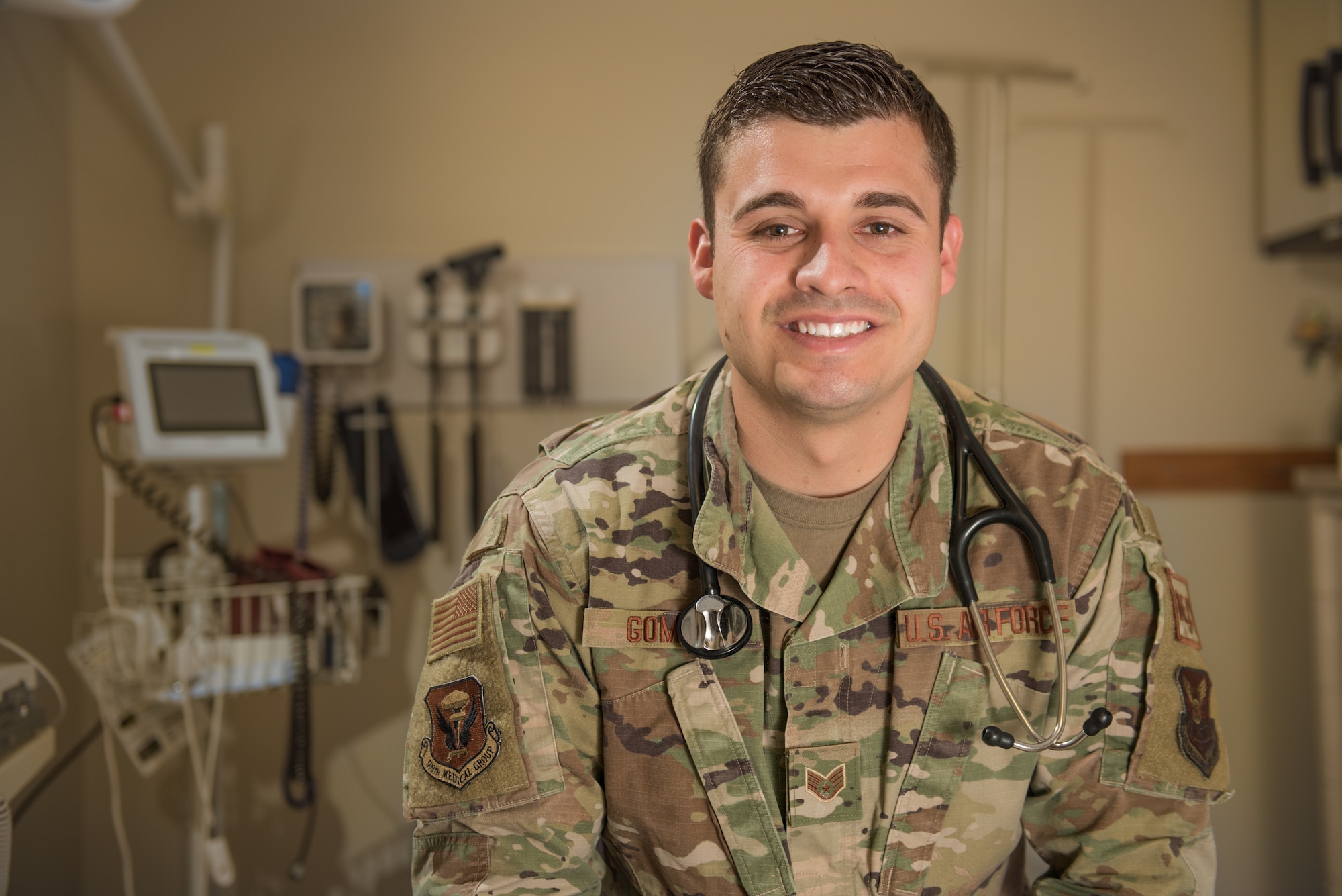 Staff Sgt. Luis Gomez, a 509th Medical Operations Squadron medical technician, sits in front of medical equipment May 6, 2020, at Whiteman Air Force Base, Missouri.
