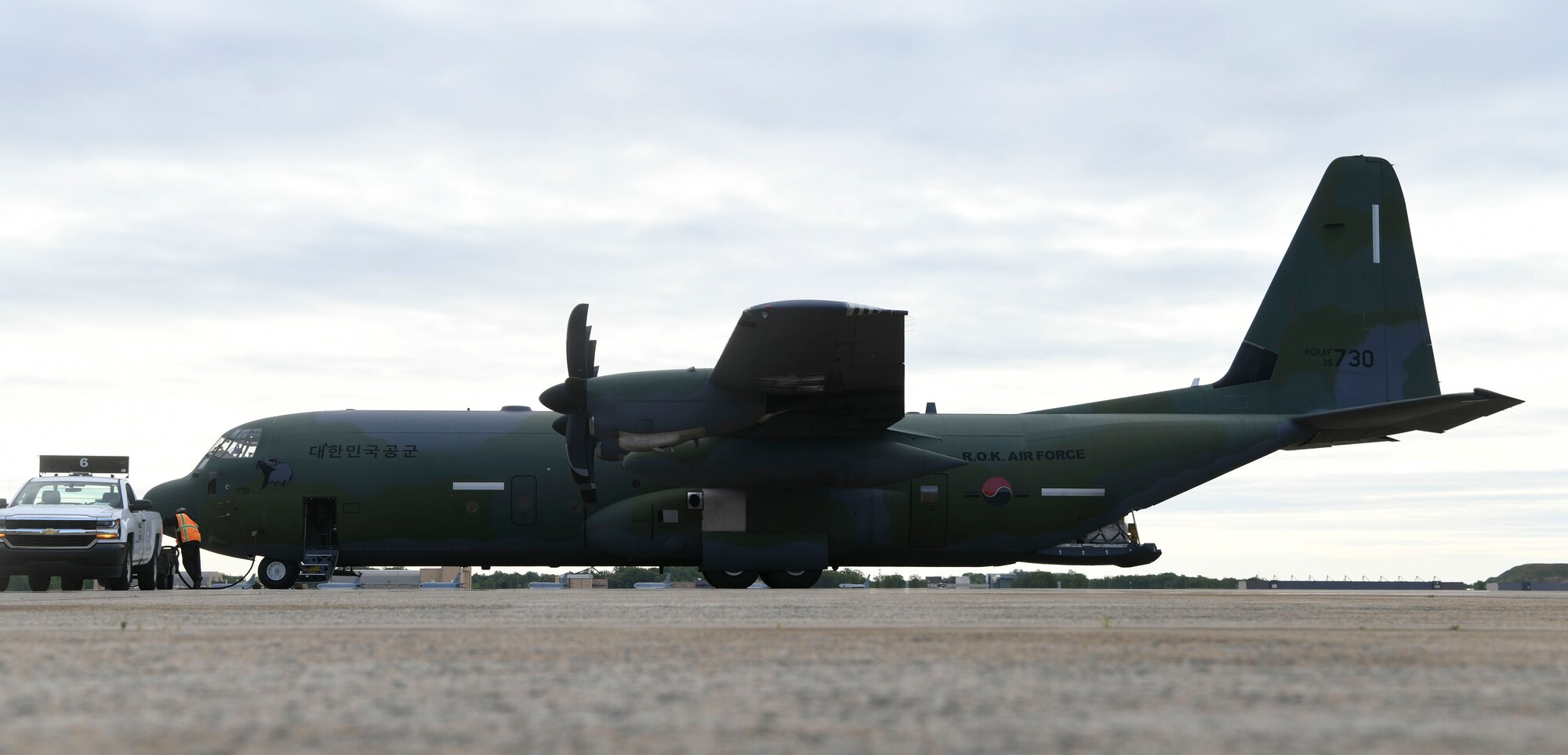 A Republic of Korea C-130 military transport aircraft carrying protective masks arrives at Joint Base Andrews, Md., May 12, 2020. South Korea donated the protective masks in honor of Korean War veterans and the long-standing alliance between the U.S. and the Republic of Korea. (U.S. Air Force photo by Airman 1st Class Spencer Slocum)