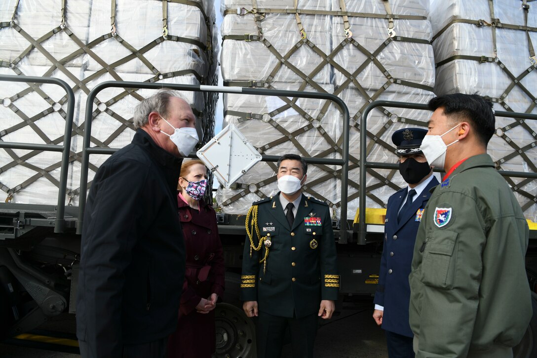 Air Force and Department of Veterans Affairs leadership speak with South Korean leadership at Joint Base Andrews, Md., May 12, 2020. South Korea donated protective masks to the VA in support of COVID-19. (U.S. Air Force photo by Airman 1st Class Spencer Slocum)