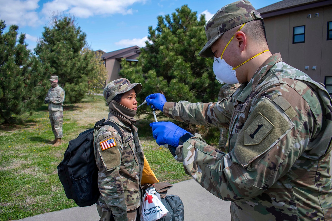 Soldiers undergoing COVID-19 medical screenings.