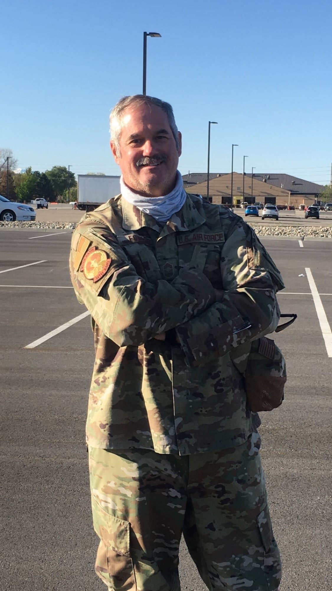 Chief Master Sgt. Craig Fowler, superintendent for the 419th Aircraft Maintenance Squadron, poses for a photo after arriving back in Utah from a six-month deployment to the Middle East.