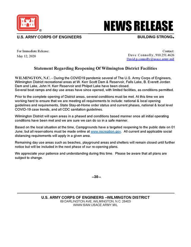 Statement Regarding Reopening Of Wilmington District Facilities