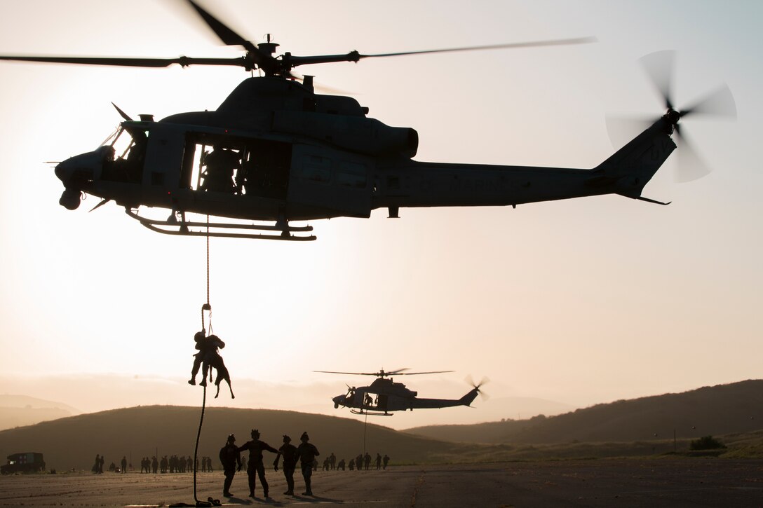 U.S. Marine Corps Cpl. Tyrell Bluto, a military working dog handler, and military working dog Nero, both with 1st Law Enforcement Battalion, 15th Marine Expeditionary Unit, fast-rope out of a UH-1Y Venom during a Ground Interoperability Course at Marine Corps Base Camp Pendleton, California, April 28, 2020. The course is an early step in training Marines from various specialties such as Law Enforcement, Air Naval Gunfire Liaison and Explosive Ordnance Disposal to work with the All-Domain Reconnaissance Detachment. (U.S. Marine Corps photo by Cpl. Sarah Stegall)