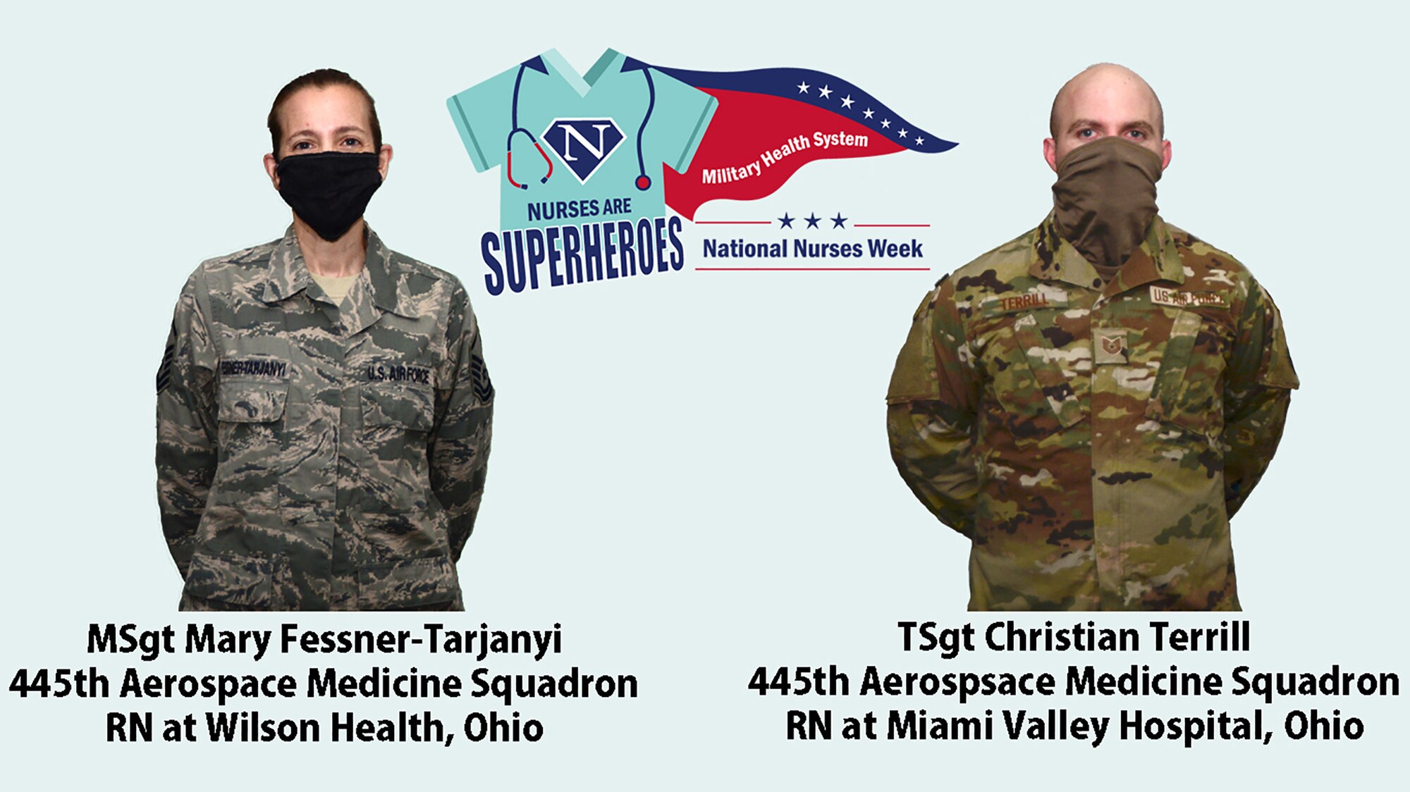 Master Sgt. Mary Fessner-Tarjanyi, 445th Aerospace Medicine Squadron unit training manager, is a registered nurse, lactation consultant at Wilson Health, Sidney, Ohio. Tech. Sgt. Christian Terrill, 445th Aerospace Medicine Squadron wing medical standards manager, is a registered nurse, medical surgery and post operation nurse at Miami Valley Hospital.