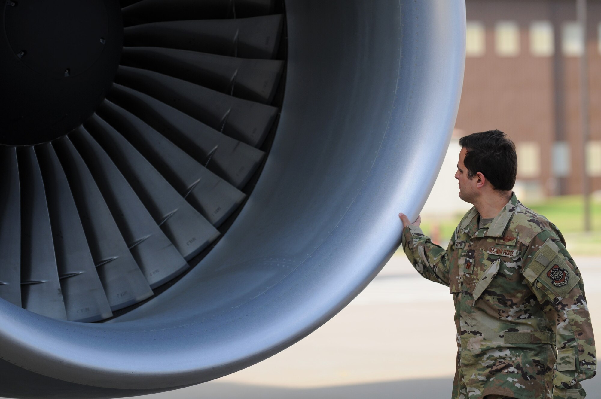 Maj. Tony Gorry, 344th Air Refueling Squadron chief of group training, performs a preflight inspection on a KC-46A Pegasus April 21, 2020, at McConnell Air Force Base, Kansas. Preflight inspections require aircrews to perform visual checks of controls and instruments prior to starting engines. Aircrew prepared to execute the Air Force’s first night vision operational training mission on the KC-46A Pegasus. (U.S. Air Force photo by Master Sgt. Jerry Fleshman)