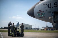 Aircrew from the 351st Air Refueling Squadron review a checklist prior to a flight supporting a strategic bomber mission at RAF Mildenhall, England, May 7, 2020. Strategic bomber missions enable crews to maintain a high state of readiness and proficiency, and validate our always-ready global strike capability.
