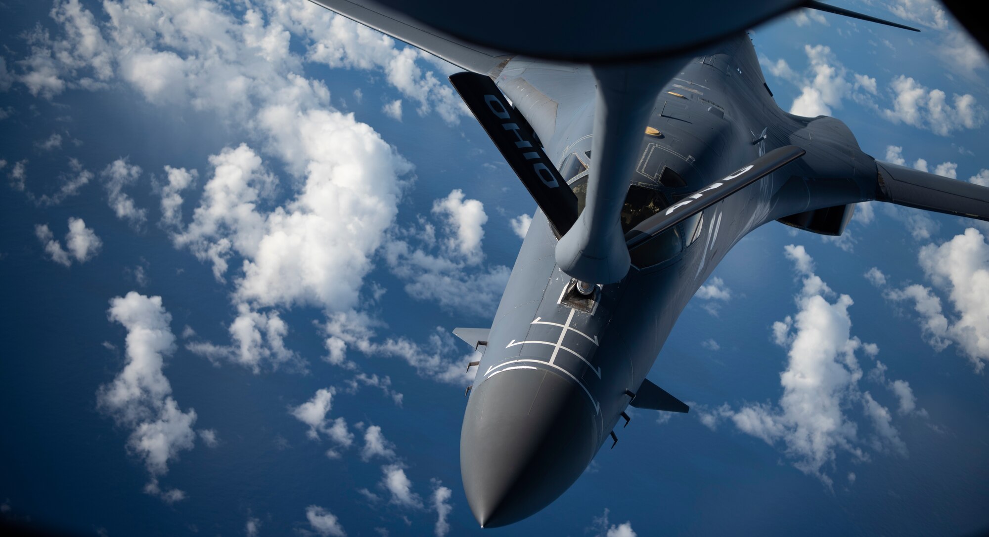 A 9th Expeditionary Bomb Squadron B-1B Lancer is refueled by an Ohio Air National Guard KC-135 Stratotanker from the 166th Aerial Refueling Squadron, May 12, 2020, during a training mission in the vicinity of Japan where they integrated with Japan Air Self Defense Force assets. The 9th EBS is deployed to Andersen Air Force Base, Guam, as part of a Bomber Task Force and is supporting Pacific Air Forces’ strategic deterrence missions and commitment to the security and stability of the Indo-Pacific region. (U.S. Air Force photo by Senior Airman River Bruce)