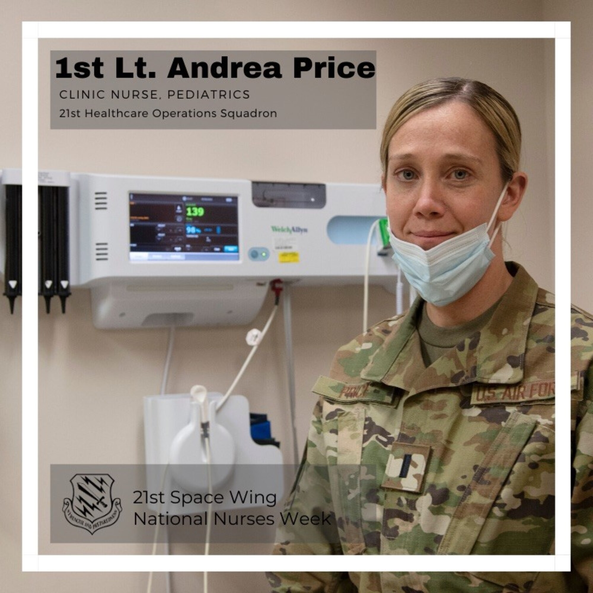 PETERSON AIR FORCE BASE, Colo. – 1st Lt. Andrea Price, 21st Medical Group pediatric nurse, was inspired by her parents who are also medical professionals, and became a commissioned nurse last year after serving 15 years as an enlisted Air Force independent duty medical technician. Price comes from a generation of family members in the medical career field. Her mother was a nurse and her father was a lab technician. Price is from Weatherford, Oklahoma. (U.S. Air Force graphic by Staff Sgt. Alexandra M. Longfellow)