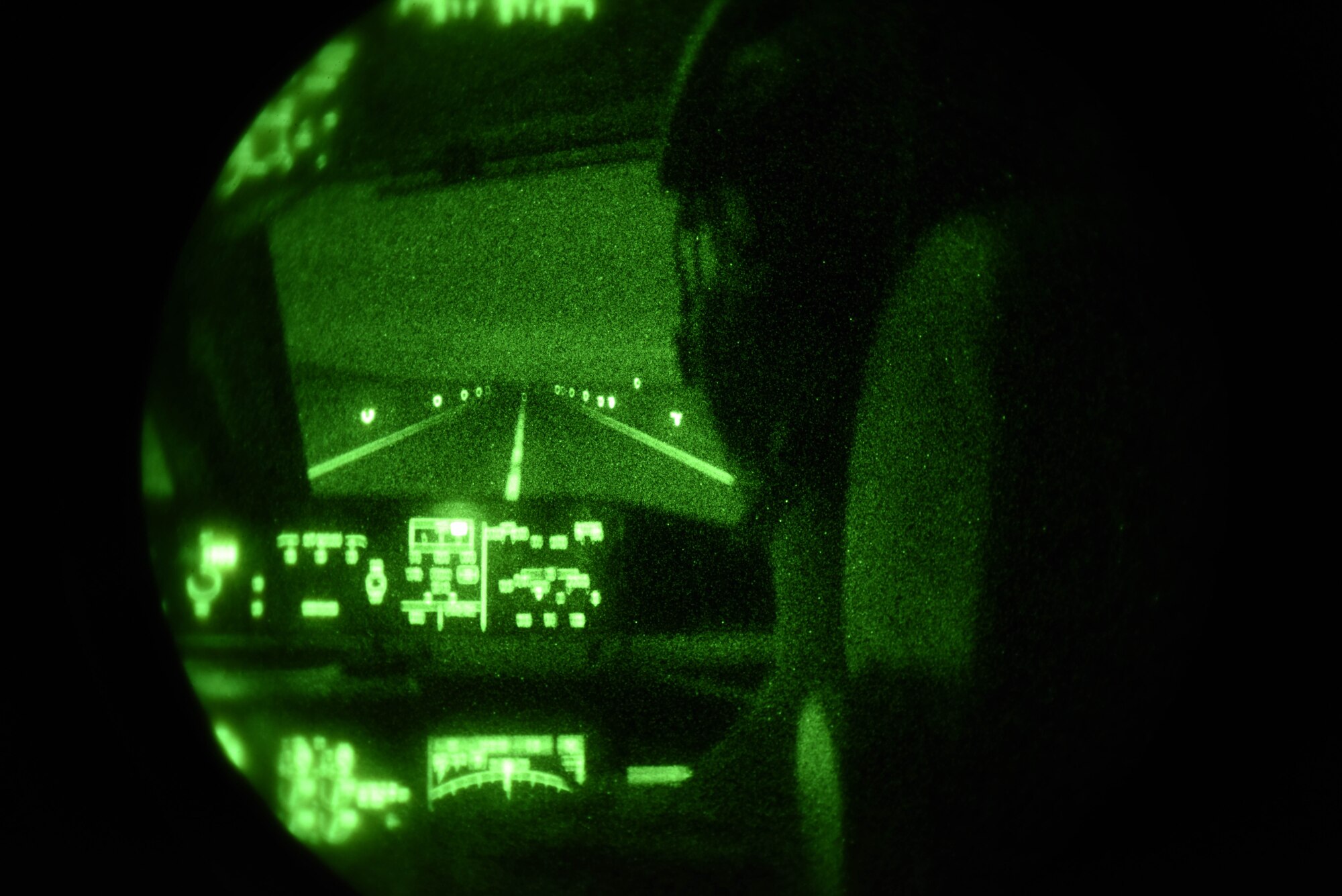 Maj. Jacob Belka, 22nd Operations Group evaluation pilot, approaches a runway for a touch and go flight maneuver April 30, 2020, at North Auxiliary Airfield, South Carolina. Belka performed a total of 17 touch and go’s in the KC-46A Pegasus using night vision goggles. (U.S. Air Force photo by Airman 1st Class Marc A. Garcia)
