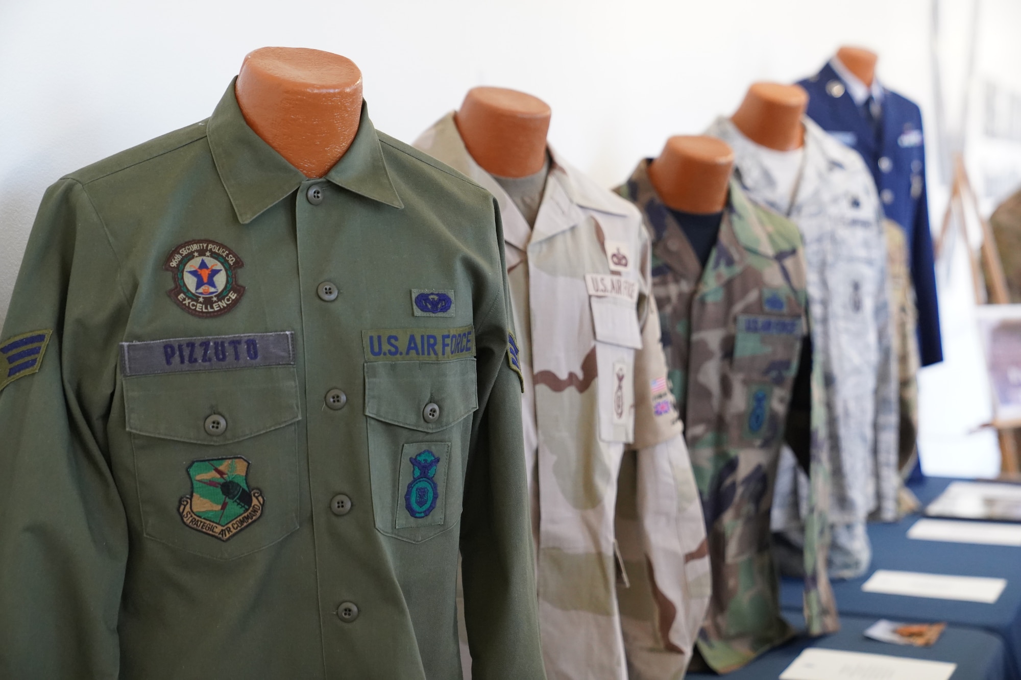 Uniforms owned by Chief Master Sgt. David Pizzuto, 81st Training Wing command chief, are displayed inside of the Levitow Training Support Facility at Keesler Air Force Base, Mississippi, May 6, 2020. Pizzuto, who is slated to retire this month, has served for 37 years and has worn every uniform the Air Force has ever known. (U.S. Air Force photo by Airman 1st Class Spencer Tobler)