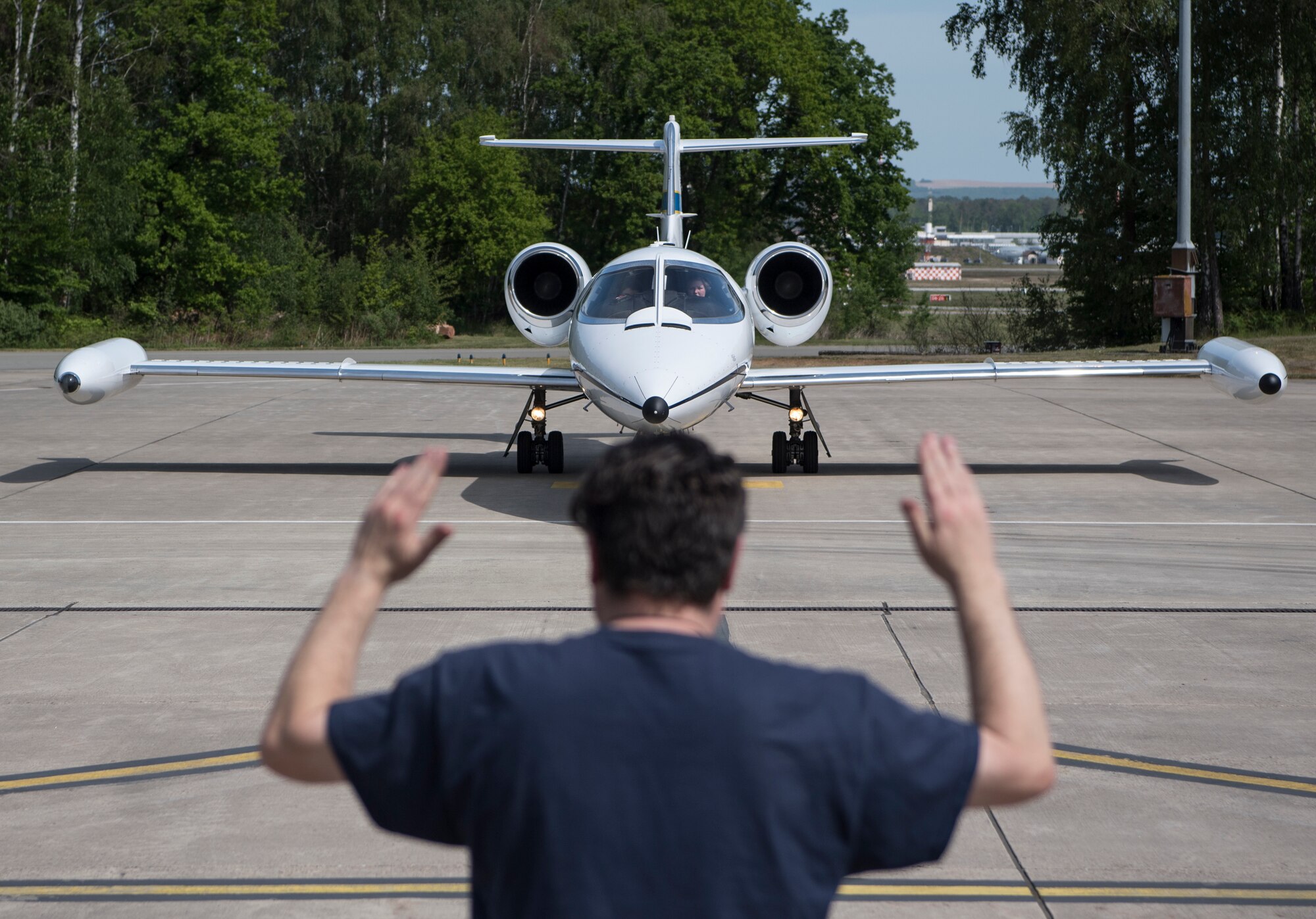 A C-21A Learjet taxies to the flightline at Ramstein Air Base, Germany, May 8, 2020.