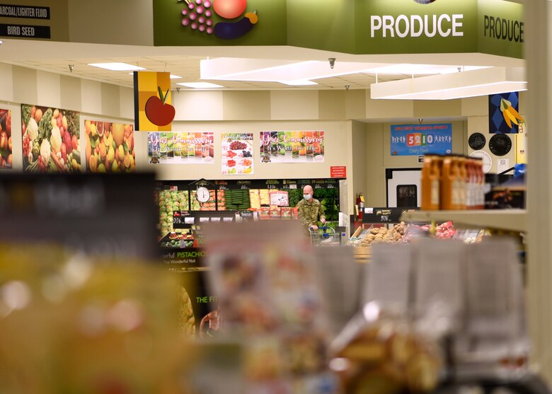 The produce section is available at the base commissary during the COVID-19 pandemic on Goodfellow Air Force Base, Texas, May 12, 2020. The commissary was accessible to eligible personnel with base access. (U.S. Air Force photo by Airman 1st Class Abbey Rieves)