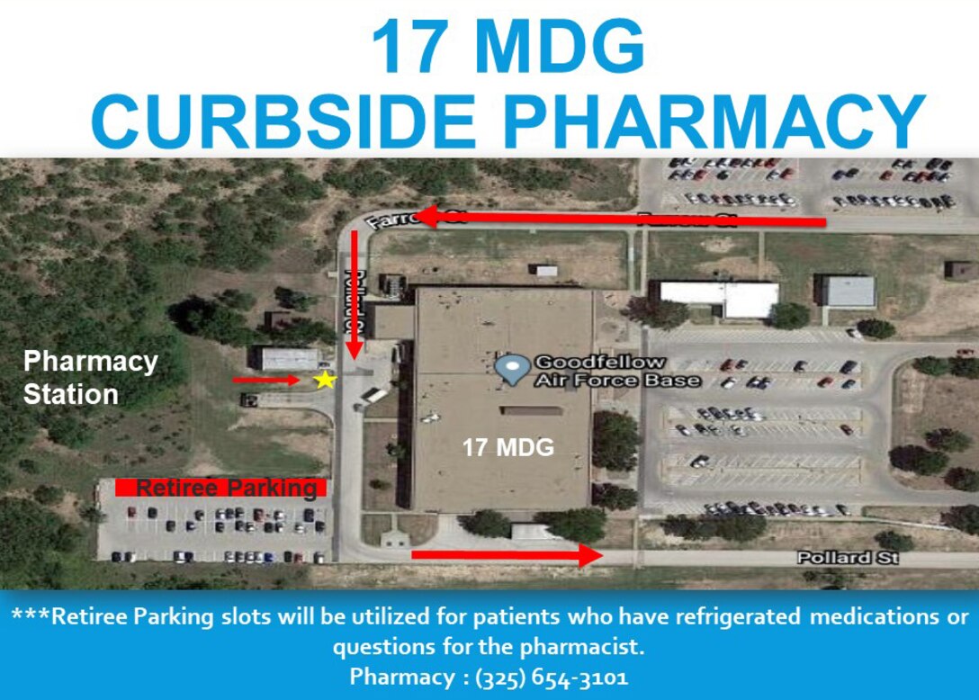 Driving directions to access the curbside pharmacy on Goodfellow Air Force Base, Texas, May 13, 2020(U.S. Air Force graphic by the 17th Medical Group)