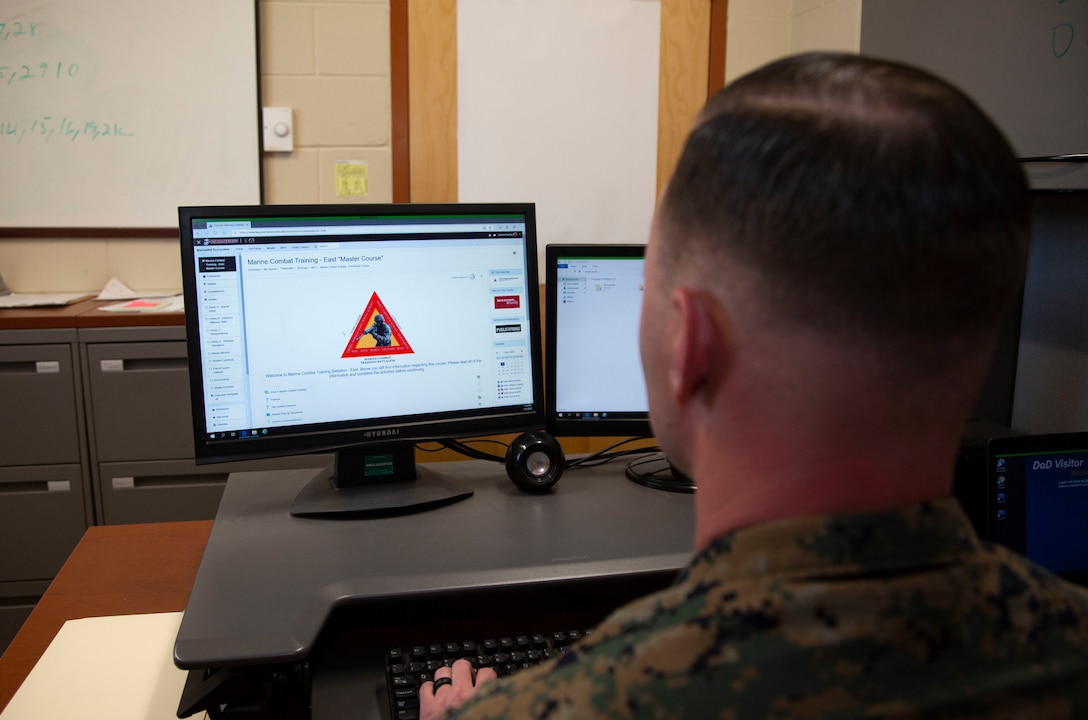 A U.S. Marine participates in an online classroom at Camp Devil Dog, North Carolina, May 5.