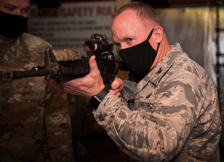 Col. Brian Kehl, 50th Mission Support Group commander, sights a rifle at the indoor shoothouse May 8, 2020, at Schriever Air Force Base, Colorado. The shoothouse serves as the 50th Security Forces Squadron’s firearms qualification and training area. (U.S. Air Force photo by Airman 1st Class Jonathan Whitely)