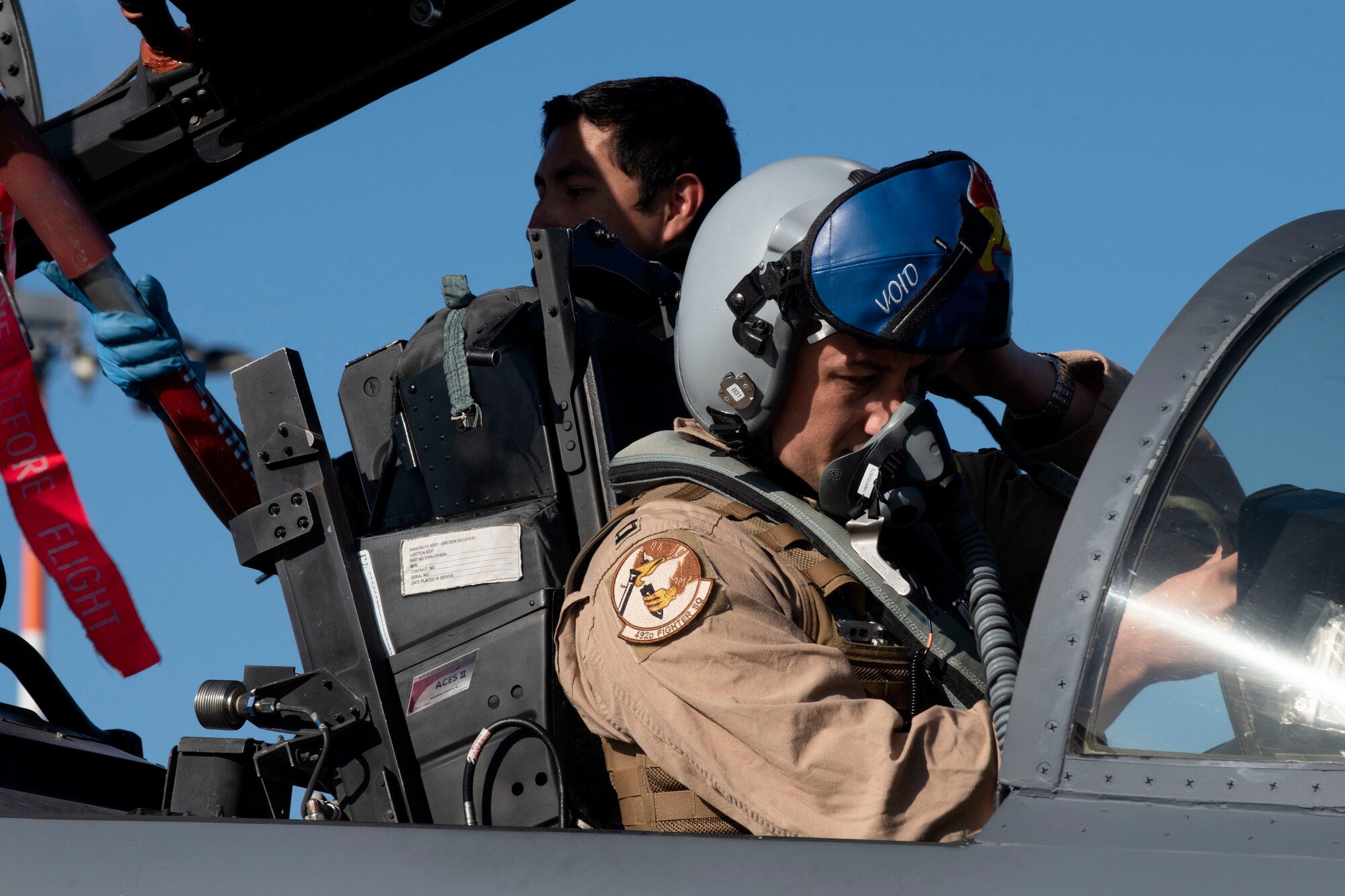 A 492nd Fighter Squadron pilot conducts pre-flight preparations before taking off from Royal Air Force Lakenheath, England, May 6, 2020. The 492nd FS is the first fighter squadron from the Liberty Wing to deploy since the start of the COVID-19 pandemic. (U.S. Air Force photo by Senior Airman Christopher S. Sparks)