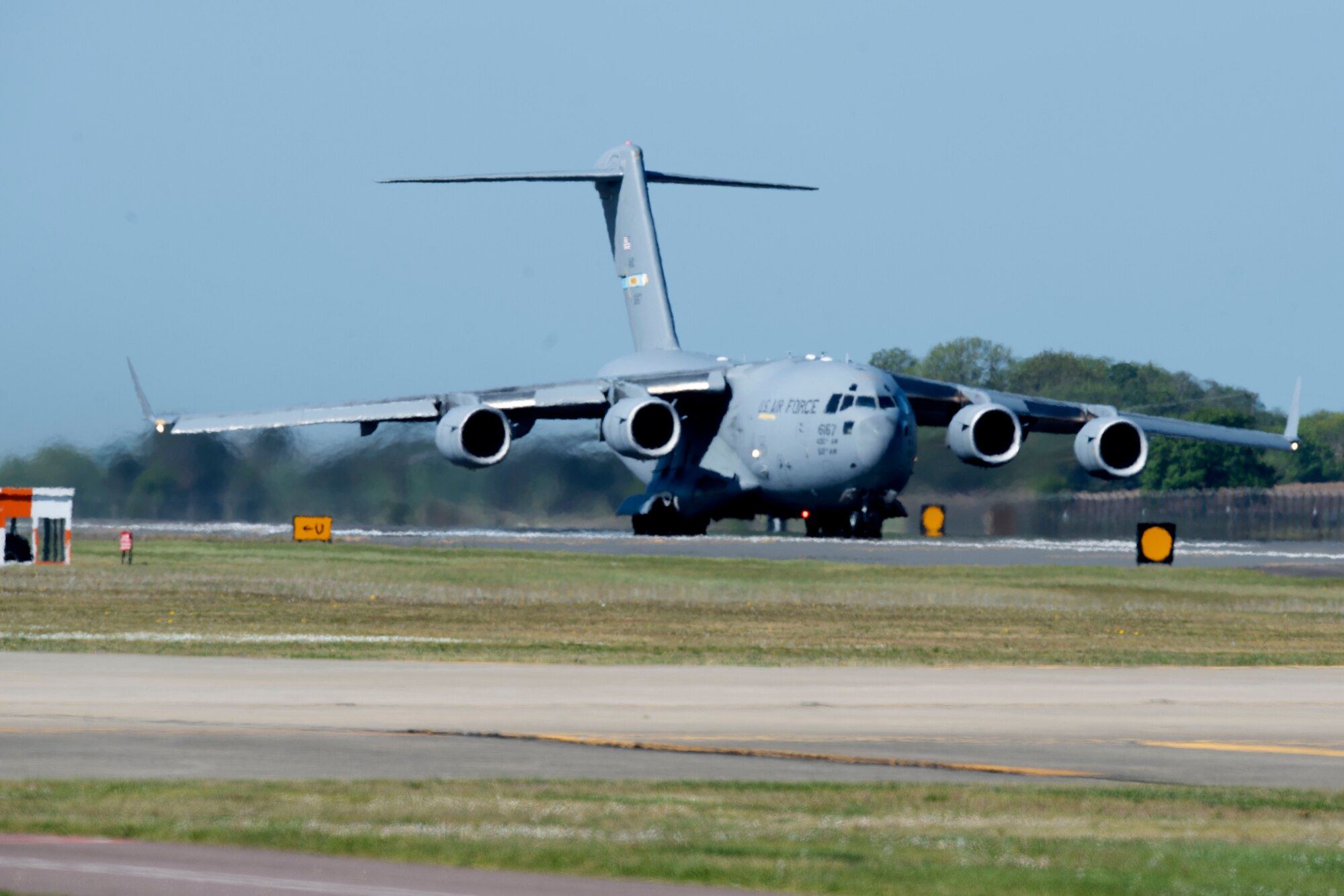 A C-17 Globemaster III assigned to Dover Air Force Base, Delaware, prepares to take off from Royal Air Force Lakenheath, England, May 6, 2020. The aircraft was supporting a 48th Fighter Wing deployment in support of Operation Inherent Resolve. (U.S. Air Force photo by Senior Airman Christopher S. Sparks)