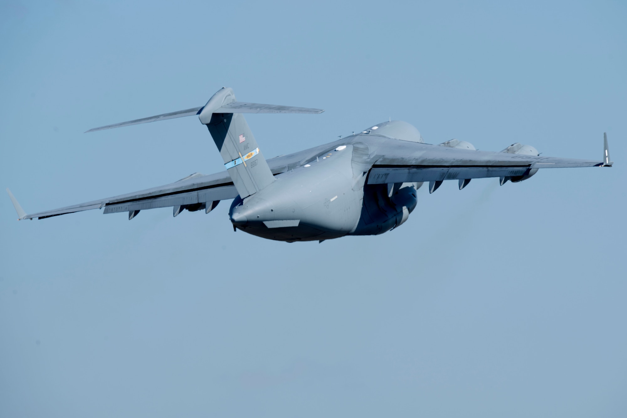 A C-17 Globemaster III assigned to Dover Air Force Base, Delaware, takes off from Royal Air Force Lakenheath, England, May 6, 2020. The aircraft was supporting a 48th Fighter Wing deployment to an undisclosed location in Southwest Asia. (U.S. Air Force photo by Senior Airman Christopher S. Sparks)