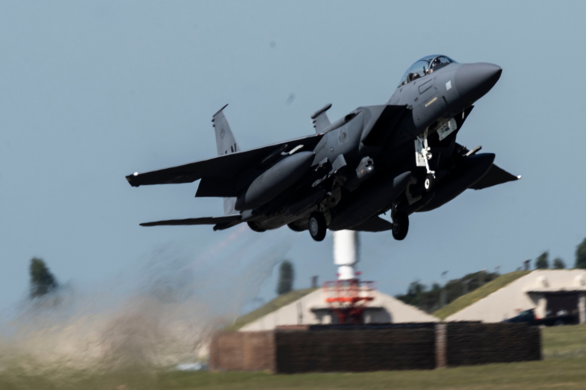 An F-15E Strike Eagle assigned to the 492nd Fighter Squadron takes off from Royal Air Force Lakenheath, England, May 6, 2020. F-15E Strike Eagles and Airmen from the 492nd FS and supporting units across the 48th Fighter Wing are currently deployed in support of Operation Inherent Resolve. (U.S. Air Force photo by Senior Airman Christopher S. Sparks)