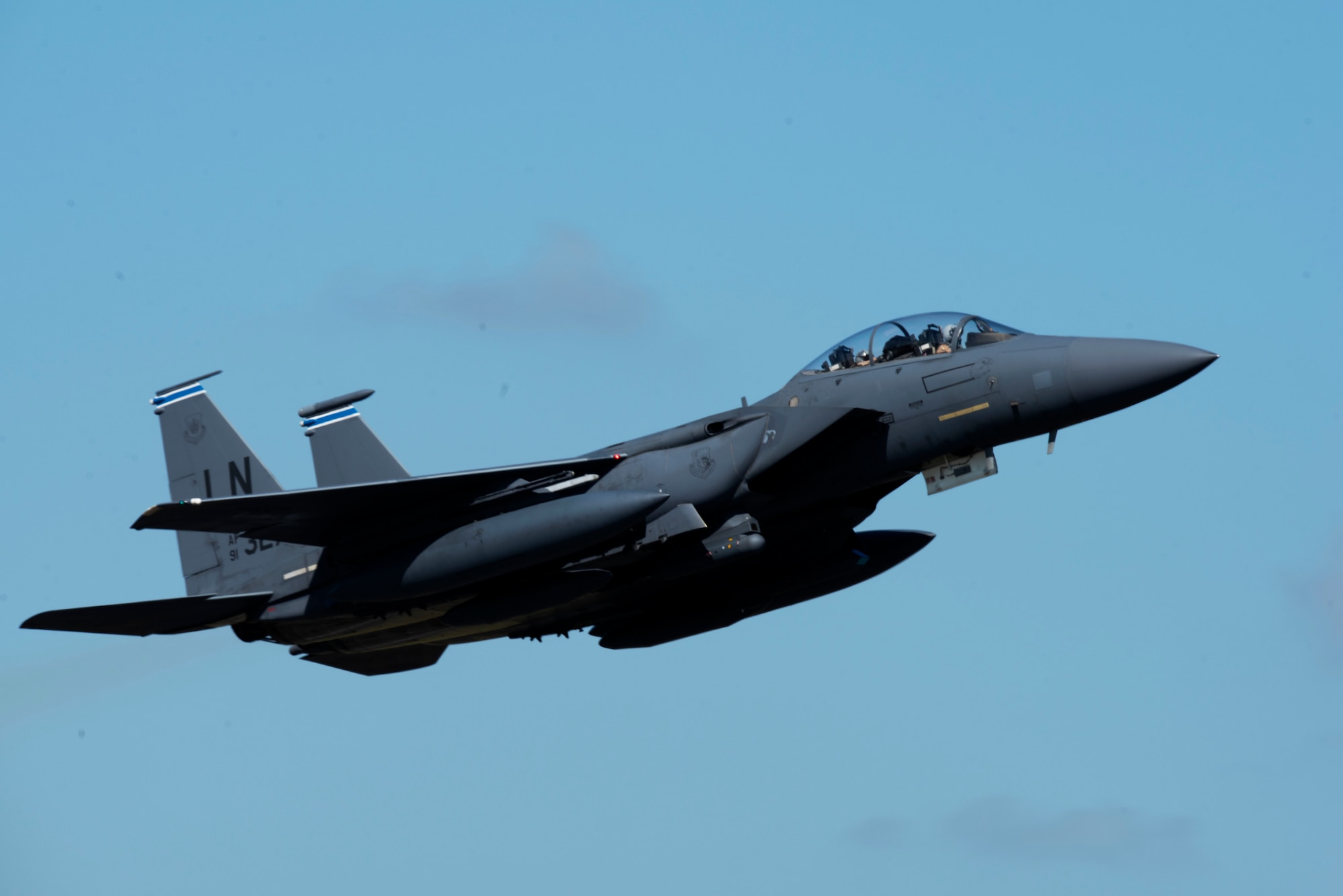 An F-15E Strike Eagle assigned to the 492nd Fighter Squadron takes off from Royal Air Force Lakenheath, England, May 6, 2020. The 492nd FS is the first fighter squadron from the Liberty Wing to deploy since the start of the COVID-19 pandemic. (U.S. Air Force photo by Senior Airman Christopher S. Sparks)