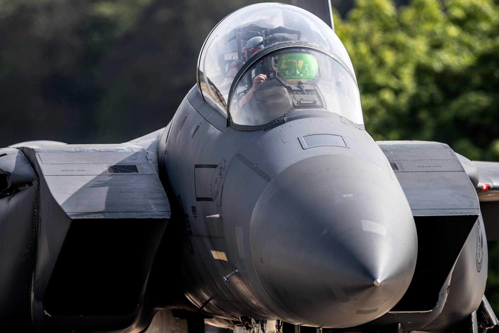 An F-15E Strike Eagle assigned to the 492nd Fighter Squadron prepares to take off from Royal Air Force Lakenheath, England, May 7, 2020. The 492nd FS is the first of the three fighter squadrons at the Liberty Wing to deploy during the current COVID-19 pandemic. (U.S. Air Force photo by Airman 1st Class Jessi Monte)