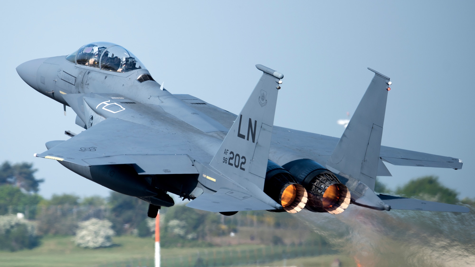 An F-15E Strike Eagle assigned to the 492nd Fighter Squadron takes off from Royal Air Force Lakenheath, England, May 7, 2020. F-15E Strike Eagles and Airmen from the 492nd FS and supporting units from across the 48th Fighter Wing are currently deployed to an undisclosed location in Southwest Asia. (U.S. Air Force photo by Airman 1st Class Jessi Monte)