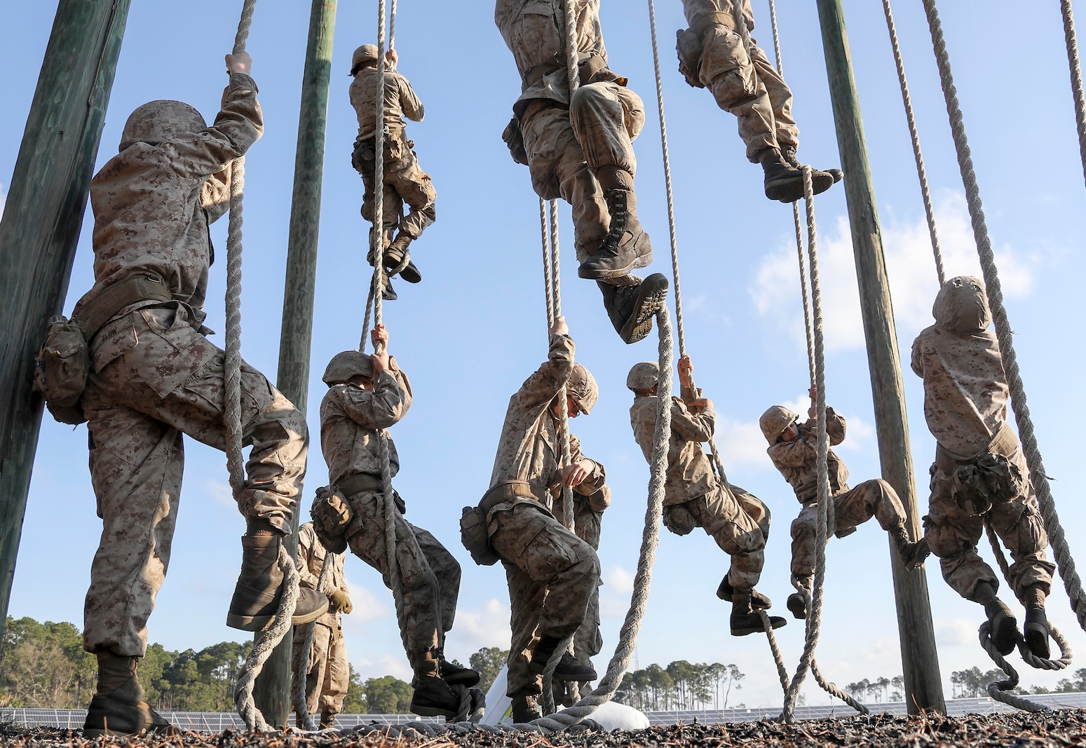 Recruits with Bravo Company, 1st Recruit Training Battalion, complete the Crucible aboard Marine Corps Recruit Depot Parris Island, Feb. 20-22. The Crucible is a 54-hour culmination event that ends with recruits earning their Eagle, Globe and Anchor and the title U.S. Marine. (U. S. Marine Corps photo by CWO2 Bobby Yarbrough)