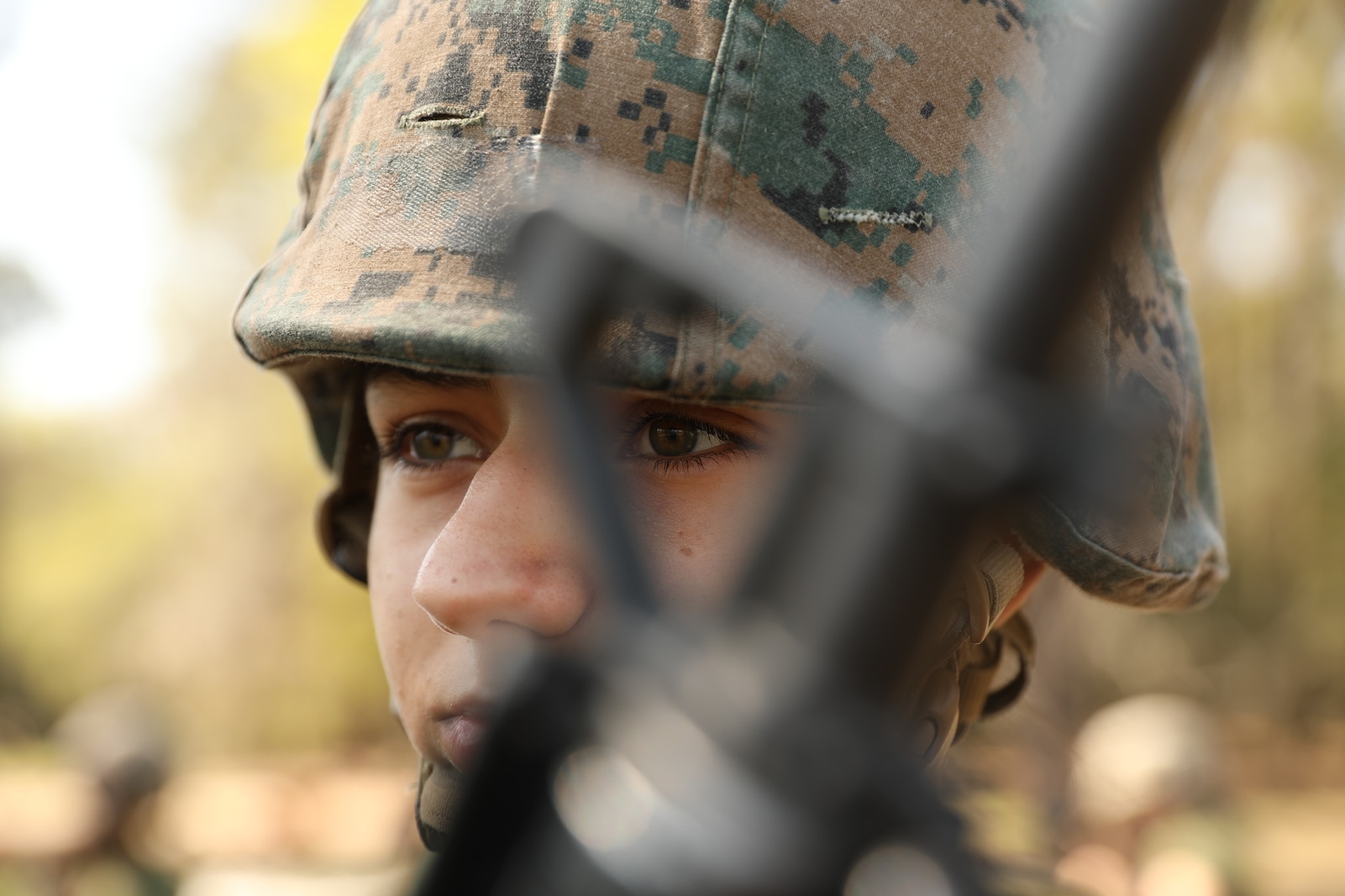 A recruit with Delta Company, 1st Recruit Training Battalion, prepares to perform his next series of techniques aboard Marine Corps Recruit Training Depot Parris Island, S.C., Mar. 14, 2020. The purpose of the Marine Corps Martial Arts Program is to execute unarmed and armed techniques to  use lethal and non-lethal force across a spectrum of violence.  (U.S. Marine Corps photos by Lance Cpl. Ryan Hageali)
