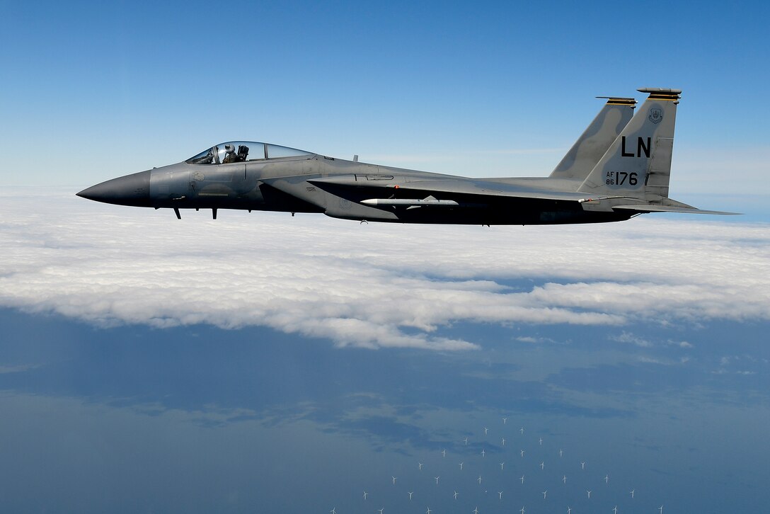 An F-15C Eagle assigned to the 493rd Fighter Squadron conducts aerial operations in support of exercise Point Blank 20-02 over the North Sea, May 12, 2020. The joint event, held quarterly between the Royal Air Force and U.S. Air Forces stationed in the United Kingdom was the first to be conducted amid the COVID-19 pandemic. (U.S. Air Force photo/ Master Sgt. Matthew Plew)