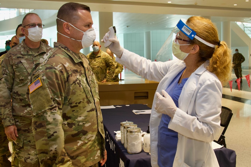 Soldiers getting their temperature taken.