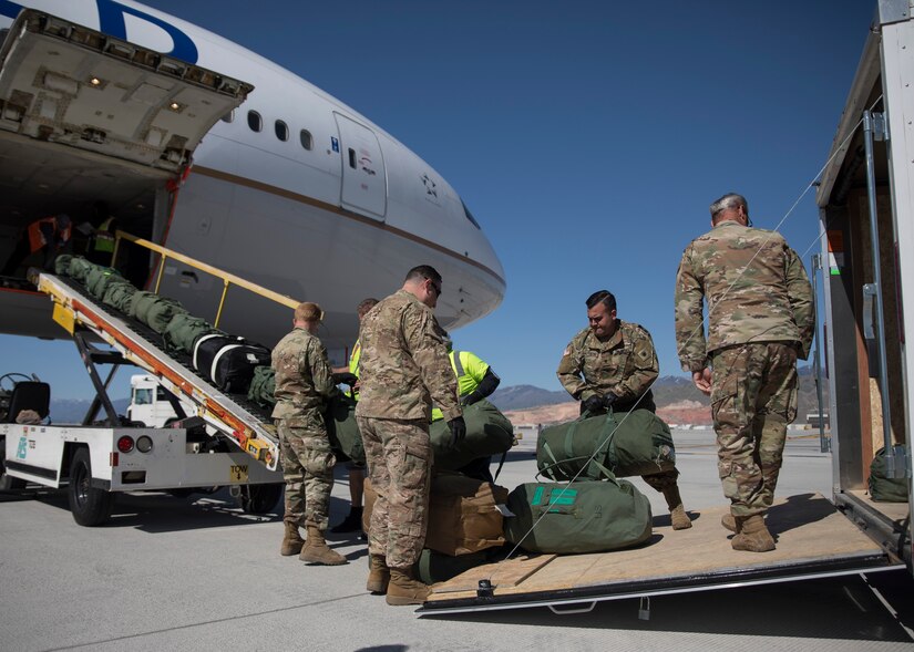 Soldiers assigned to the Utah National Guard's 1st Batallion, 211th Aviation Regiment, depart Roland R. Wright Air National Guard Base in Salt Lake City, Utah, May 7, 2020.