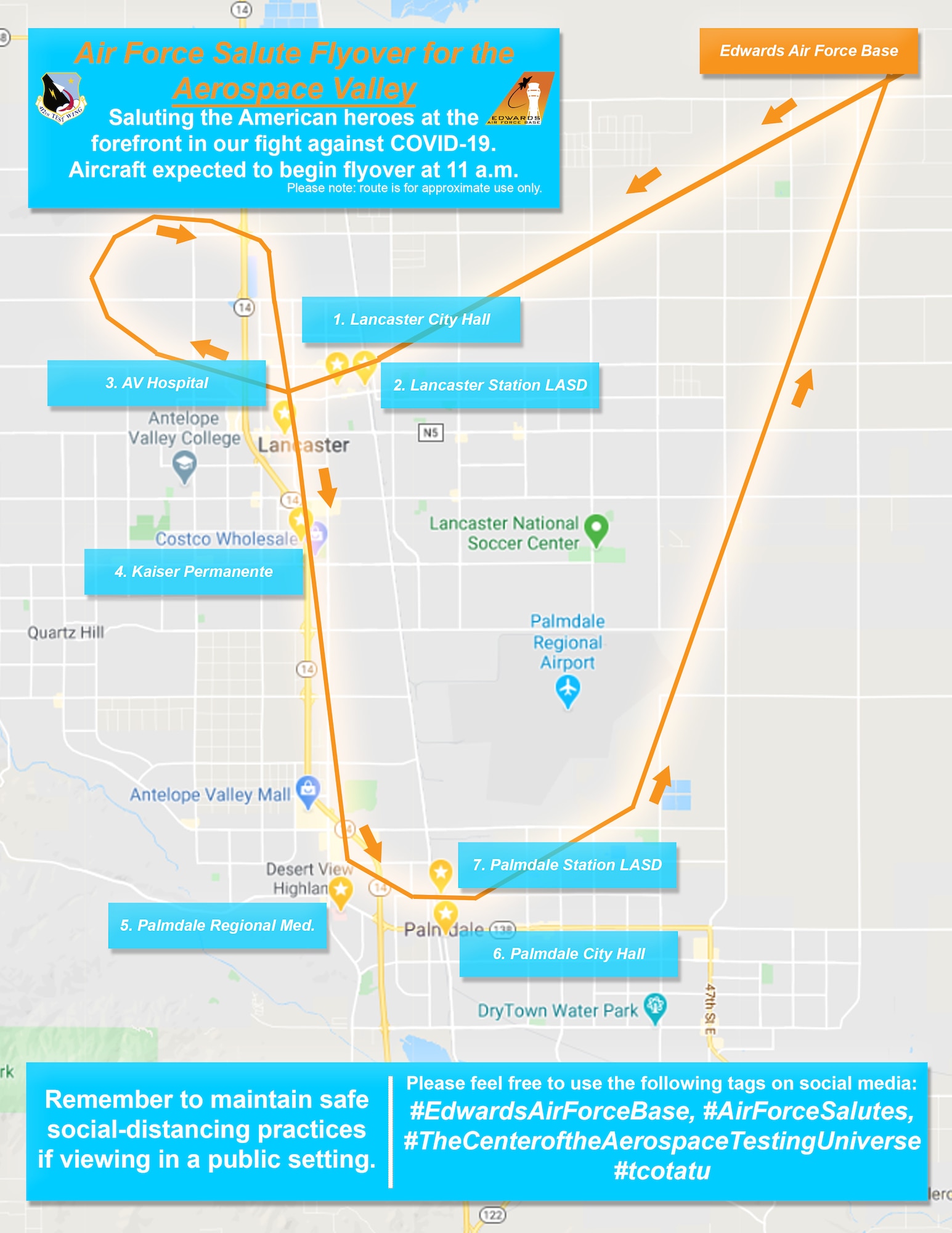 A B-52 from Edwards Air Force Base, California, will conduct a flyover over the Antelope Valley Area or the "Aerospace Valley" March 14. Estimated time over first stop is approximately 11 a.m.