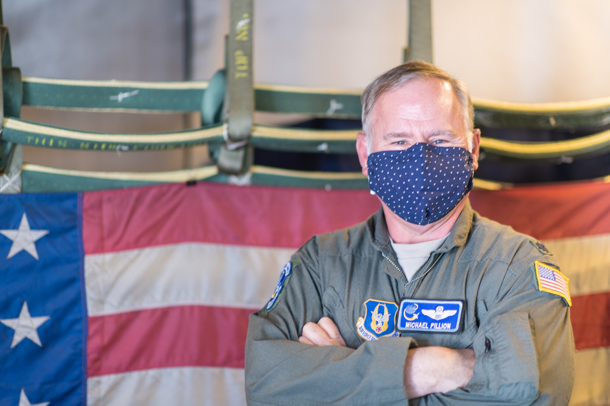 Lt. Col. Michael Pillion, KC-10 Extender instructor pilot with the 76th Air Refueling Squadron, 514th Air Mobility Wing, Joint Base McGuire-Dix-Lakehurst, N.J., poses for a portrait on May 13, 2020 at JB MDL. The 514th performed their scheduled refuel missions in tandem with an #AmericaStrong flyover saluting and thanking all healthcare workers, first responders, and other essential personnel serving on the front lines of the fight against COVID-19. (U.S. Air Force photo by Tech. Sgt. Michael Hong)