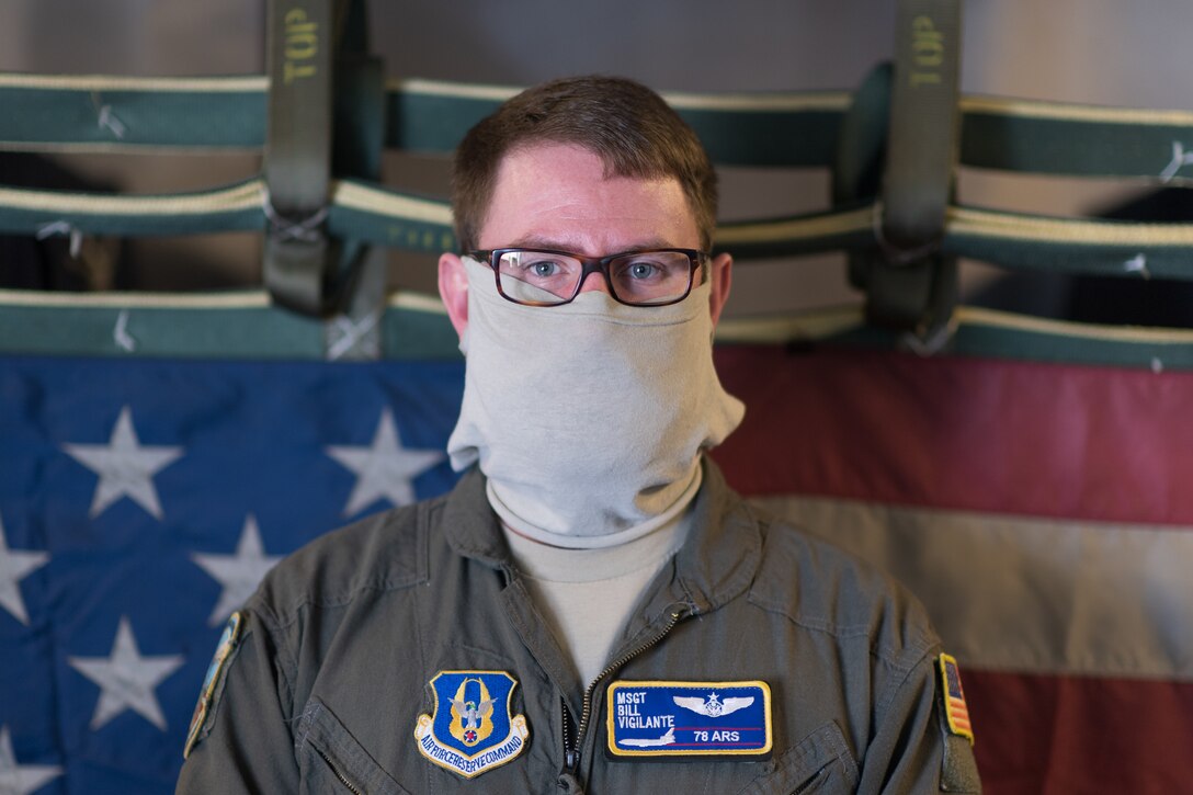 Master Sgt. William Vigilante, boom operator with the 78th Air Refueling Squadron, 514th Air Mobility Wing, Joint Base McGuire-Dix-Lakehurst, N.J., poses for a portrait on May 13, 2020 at JB MDL. The 514th performed their scheduled refuel missions in tandem with an #AmericaStrong flyover saluting and thanking all healthcare workers, first responders, and other essential personnel serving on the front lines of the fight against COVID-19. (U.S. Air Force photo by Tech. Sgt. Michael Hong)