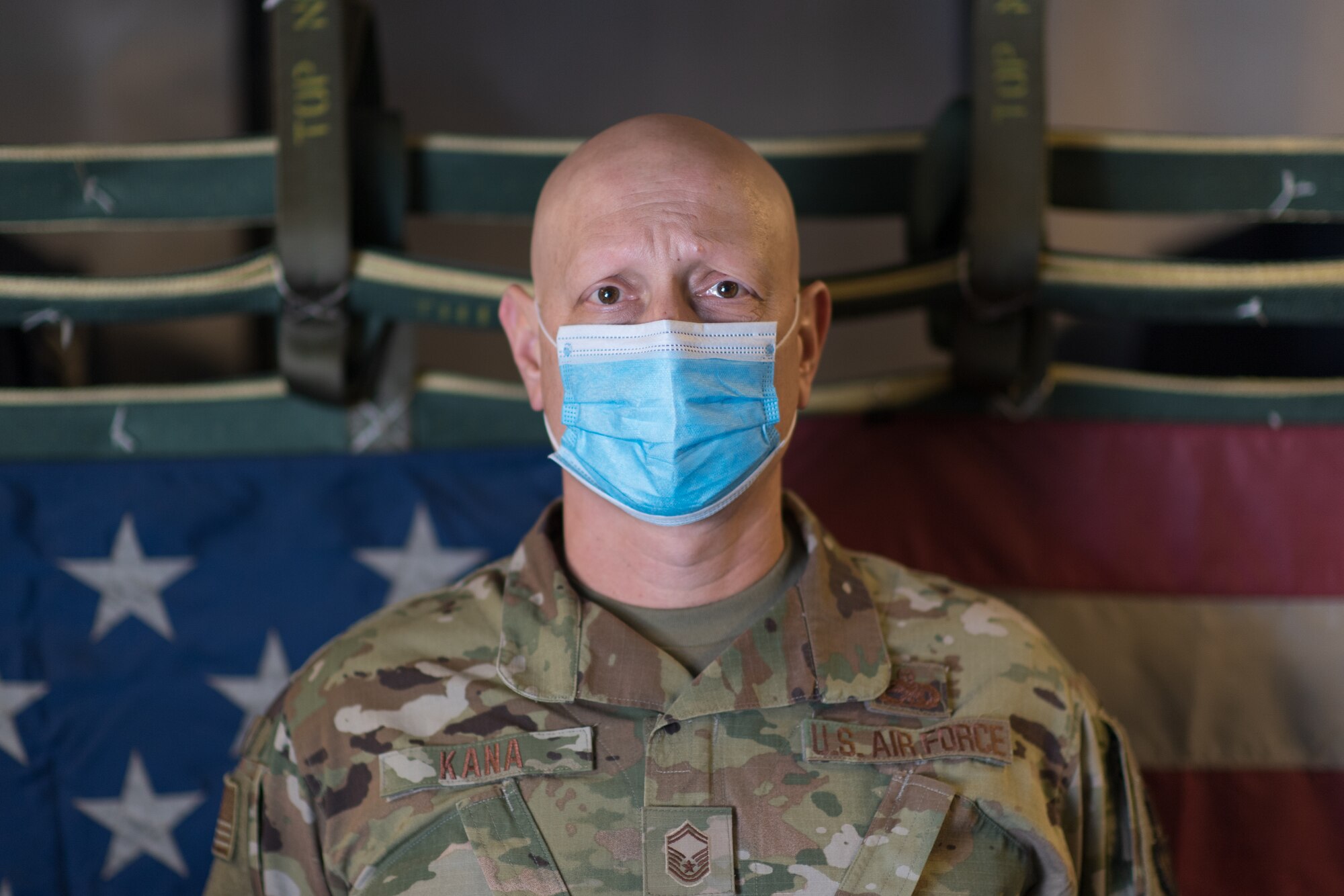 Senior Master Sgt. James Kana, 514th Maintenance Group superintendent, 514th Air Mobility Wing, Joint Base McGuire-Dix-Lakehurst, N.J., poses for a portrait on May 13, 2020 at JB MDL. The 514th performed their scheduled refuel missions in tandem with an #AmericaStrong flyover saluting and thanking all healthcare workers, first responders, and other essential personnel serving on the front lines of the fight against COVID-19. (U.S. Air Force photo by Tech. Sgt. Michael Hong)