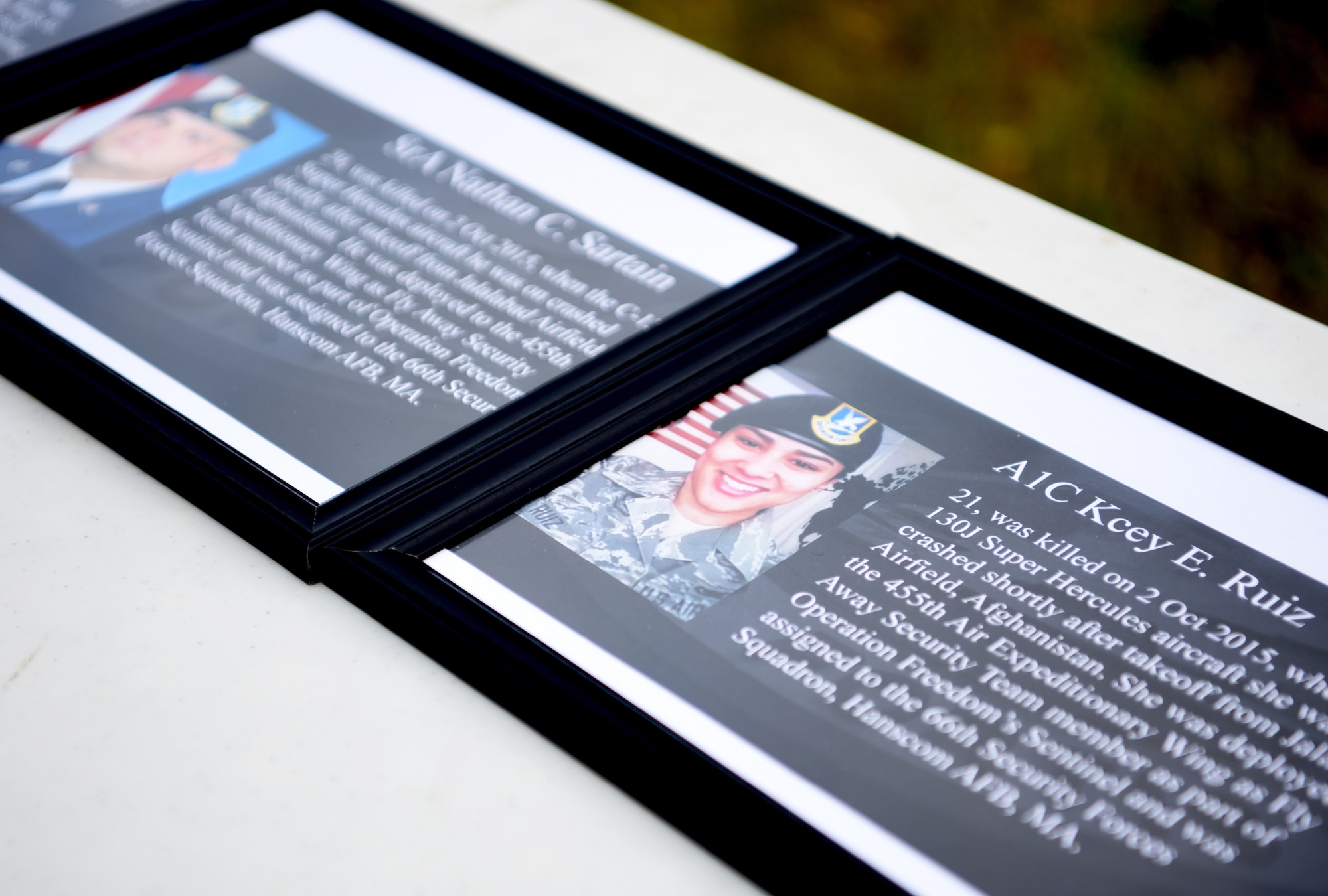 Photos of U.S. Air Force Security Forces Airmen who’ve died in the line of duty are displayed during the 100th SFS Memorial Ruck March at RAF Mildenhall, England, May 13, 2020. The ruck march took place during National Police Week, which is an observance in the United States that pays tribute to local, state and federal officers who’ve died or who’ve been disabled in the line of duty. (U.S. Air Force photo by Senior Airman Brandon Esau)